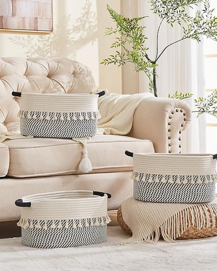 Storage Bins Woven Baskets for Storage Set of 3, Cotton Rope Basket with Handles for Toys/Shelves/Laundry, Rectangle Multi-Purpose Organizer for Living Room, Bedroom, Nursery (White/Black)