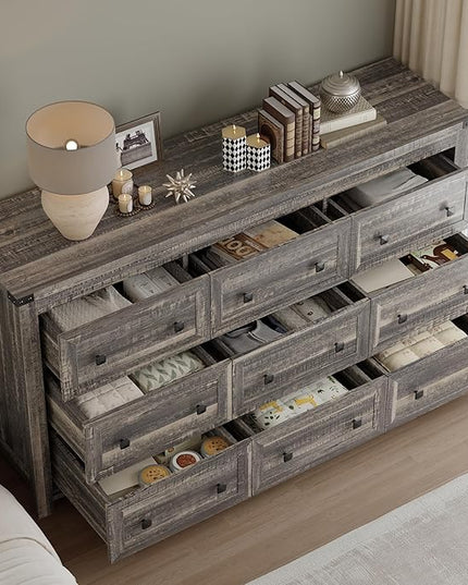 BORNOON 9-Drawer Dresser, Modern Wooden Storage Chest of Drawers, Dresser TV Stand, Wood Drawer Organizer with Metal Handles for Bedroom, Living Room, Hallway