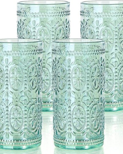 Green Drinking Glasses Set of 4, Vintage Drinking Glasses, Colored Glassware Drinking, Highball Beverage Glasses Cup, Vintage Glassware Set for Water, Juice, Cocktail, Coffee
