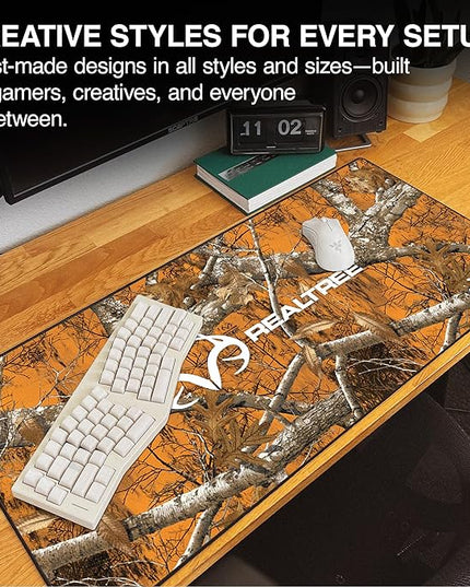 MPCO. Real Tree Large Gaming Desk Pad - 36" x 17" Duraglyde Fabric Edge Orange – with Logo Desk Mats - Non-Slip, Washable, Smooth Glide for Precision Gaming & Work