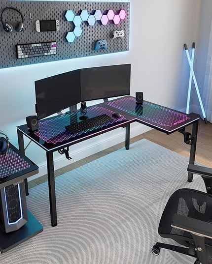 EUREKA ERGONOMIC RGB LED Lights 60 Inch L Shaped Reversible Black Glass Gaming Desk Home Office Computer Table GTG L60