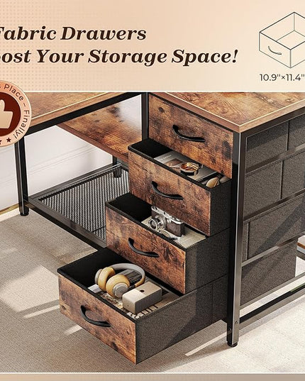 PRAISUN 43.3" Small Computer Desk with Power Outlets and USB-C Port, Reversible L Shaped Corner Office Desk with 4 Fabric Drawers and 2 Height-Adjustable Shelves, for Gaming Writing, Rustic Brown