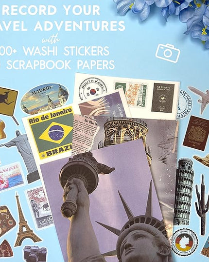 Fayware 300+ Travel Stickers for Scrapbooking & 20 A5 Papers - Pre-Cut Washi Stickers for Journaling, Vintage Travel Scrapbooking Supplies, Junk Journals Stickers