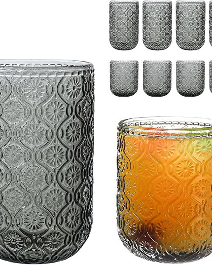 Grey Drinking Glasses Set of 8, 12 Oz Highball & 10 Oz Cocktail Glasses, Gray Kitchen Vintage Glassware Set, Floral Embossed Glass Tumbler Cups for Water, Beer, Juice, Whiskey, Coffee