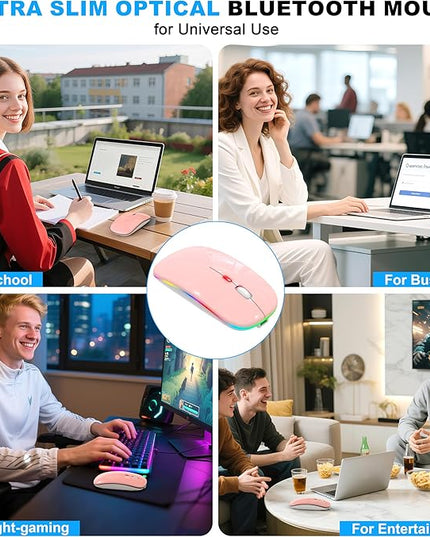 LED Bluetooth Wireless Mouse for MacBook Air/Pro, Laptop, iPad – Rechargeable Silent Light-Up Slim Mouse, Optical Dual Mode BT5.2 & USB-A/USB-C – for Students, Kids, Girls, Boys – Baby Pink