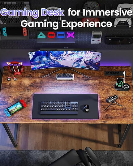 PRAISUN 40 X 20 Inch Computer Desk with Power Outlets and USB-C Port, Gaming Office Desk with Deeper Desktop, Writing Work Desk for Home Office, Study, Bedroom, Metal Frame, Rustic Brown