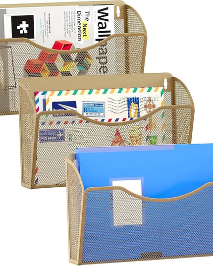 EasyPAG 3 Single Pocket Wall File Organizer, Mesh Hanging File Folder Organizer for Letter/A4 Size Folders, Wall Mounted Vertical Mail Holder for Paperwork, Office, Home, School, Gold