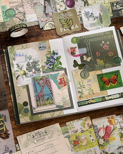 Scrapbooking Supplies Kit, Vintage Botanical Aesthetic Scrapbook Kit for Bullet Junk Journal, Stationery, A6 Grid Notebook, Flower DIY Journaling Supplies, Birthday Craft Gift for Teen Girl Women