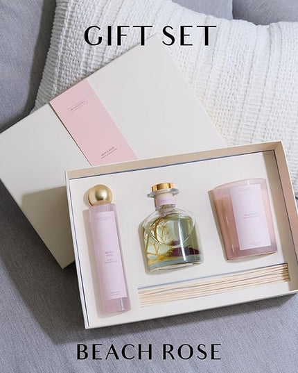 Benevolence LA Beach Rose Gift Box | Candle, Room Spray & Reed Diffuser | Rose & Sandalwood | Elegant Home Fragrance | Ready for Gifting | Gift Set for Women