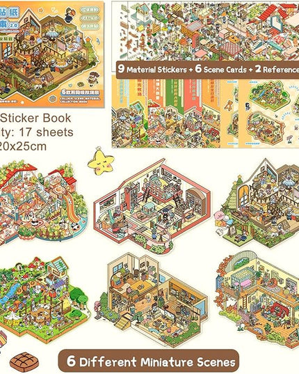ASTARON 6 Sets DIY 3D Sticker Scene Book Sticker Therapy for Adults, Make Your Own Mini Cozy Shop House Room Stickers Cute Cartoon Miniature Stickers, Relief Stress Pass The Time