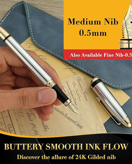 BEILUNER 315 Silver Chrome Fountain Pen,Stunning Luxury Pens with 24K Gold Accents, Gorgeous 24K Gilded Nib(Medium), Ink Converter,Fancy Pen Gift for Men&Women-Elegant, Office, Reliable, Nice Design