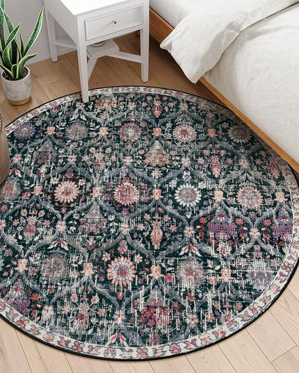 Lahome Moroccan Trellis Washable Round Area Rug, Soft Round Rugs 6ft Ultra-Thin Non-Slip, Vintage Large Circle Carpet for Bedroom Living Room Kitchen Nursery, Black/Multi