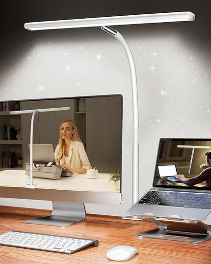 LED Desk Lamp for Office Home, Eye-Caring Desk Light with Stepless Dimming Adjustable Flexible Gooseneck, 10W USB Adapter Desk Lamp with Clamp for Reading, Study, Workbench (White)