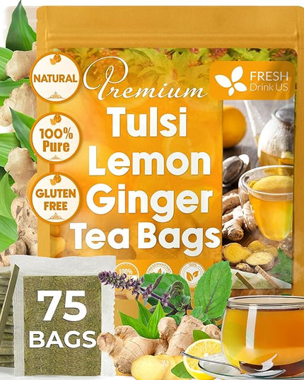 FreshDrinkUS, Premium 75 Tulsi Lemon Ginger Tea Bags, 100% Natural & Pure from Tulsi Holy Basil Leaves, Lemon and Ginger. Made with Natural Material Tea Bags. No Sugar, No Caffeine, Vegan.