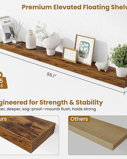 Fun Memories 55 Inch Floating Shelves Bedroom, Large Extra Floating Shelf Set of 2 with Invisible Brackets, Rustic Brown