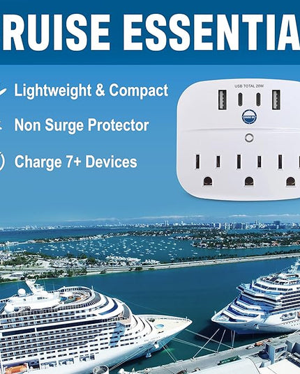 Cruise Approved Non Surge Power Strip [2 USBC, 2 USB, 3 AC] - Cruise Essentials for Carnival, Celebrity, Princess, Norwegian, MSC & Major Cruise Lines