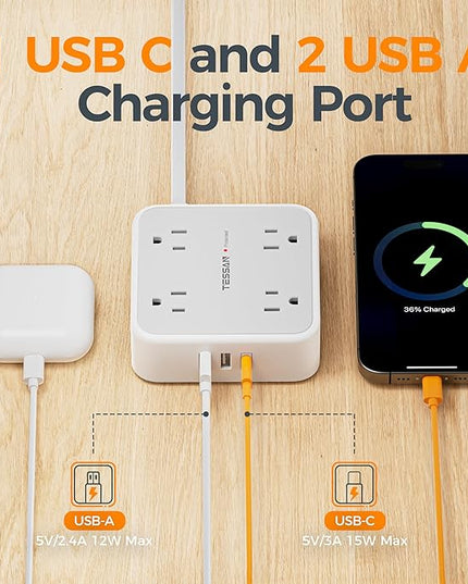 TESSAN 10 Ft Surge Protector Power Strip, 3 USB(1 USB C) 8 Outlets, Flat Plug Extension Cord with Multiple Outlets, 900J Protection, Desk Charging Station for Home, Dorm Room Essentials, Grey