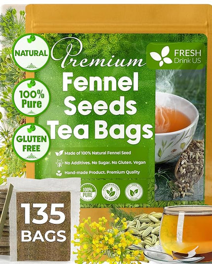 FreshDrinkUS, Premium 135 Fennel Tea Bags, 100% Natural & Pure from Fennel Seeds. Made with Natural Material Tea Bags. No Sugar, No Caffeine, No Gluten, Vegan.