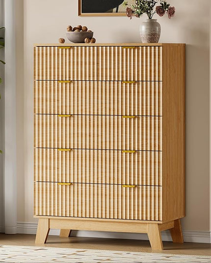 BORNOON 46" Tall Dresser for Bedroom, 6-Drawer Fluted Chest of Drawers, Modern Wood Highboy with Deep Storage, Metal Slides and Handles, Anti-Tip Kit, Vertical Clothes Organizer for Apartment, Nursery