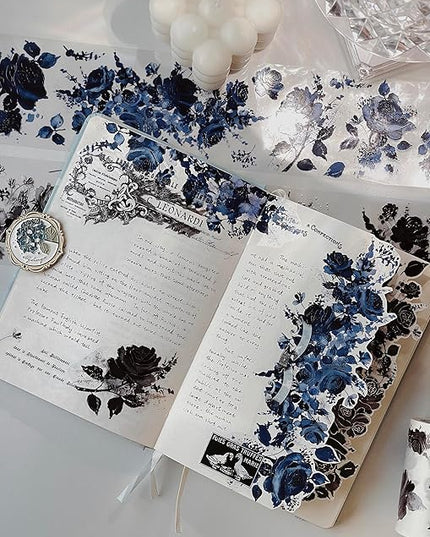 WT Cobalt Blue Wide PET Tape, Single Roll, Original Designs, Floral Decors, Transparent Clear Adhesive, Junk Journal Scrapbook Bujo Planner DIY Craft Supplies Gifts, Watercolor Flower