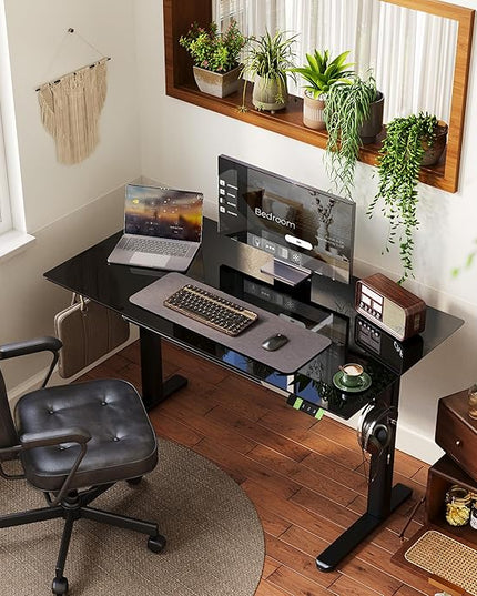 INNOVAR Glass Standing Desk with Drawers, 55×24 Inch Adjustable Stand Up Desk, Quick Install Home Office Computer Desk, Black