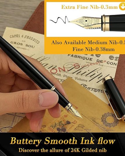 BEILUNER Black Fountain Pen,Stunning Luxury Pens with 24K Gold Accents, Gorgeous 24K Gilded Nib(Extra Fine), Fancy Pen Gift for Men&Women -Ink Converter-Elegant, Reliable,Christmas Presents, Nice Pen