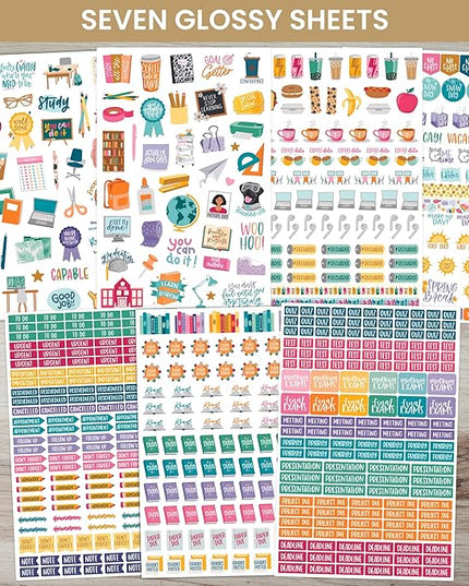 bloom daily planners Student Planner Stickers - 8 Sheets / 672 Stickers - Essential School Themed Variety Pack for Academic Year Planning - Icons & Illustrations to Track Assignments, Exams, & More
