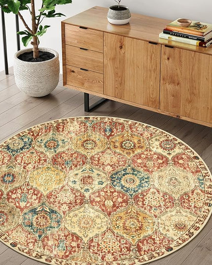 Lahome Moroccan Trellis Washable Round Rugs, Non-Slip Soft Round Rug 4ft Ultra-Thin, Small Vintage Circle Carpet for Entryway Kitchen Bedroom Nursery Bathroom, Red/Orange