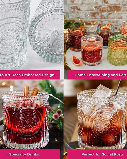Ribbed Retro Arch Floral Clear Drinking Glasses Set of 6, (10 oz) Vintage Glassware Set by Kate Aspen| Cocktail Glass Set, Juice Glass, Water Cups | Great Hostess Gift & Gift for New Home Owners