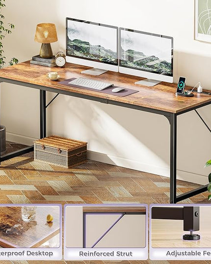 PRAISUN 70 X 24 Inch Office Computer Desk with Power Outlets and USB-C Port, Larger and Longer Gaming Desk, for Home Office, Study, Writing Work from Home Table, Metal Frame, Rustic Brown