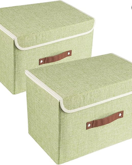 TYEERS Collapsible Storage Boxes, Washable Fabric Storage Bins with Lids, 14.9x9.8x9.8 inches, 2 Pack, Green