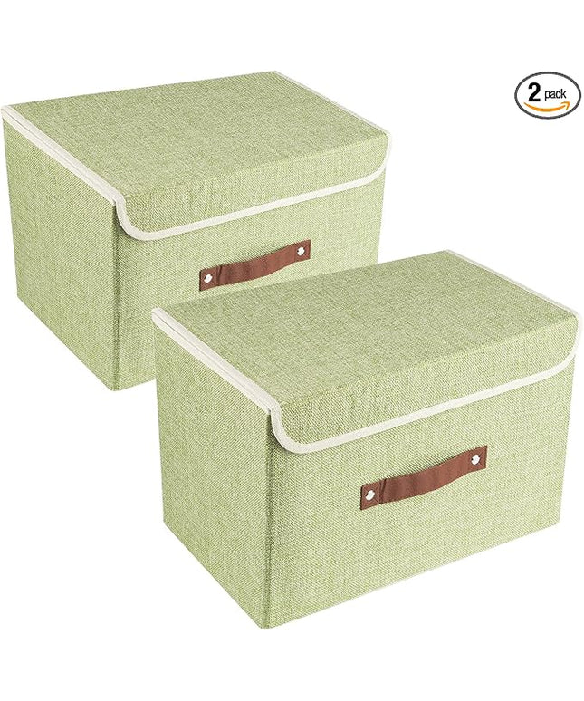 TYEERS Collapsible Storage Boxes, Washable Fabric Storage Bins with Lids, 14.9x9.8x9.8 inches, 2 Pack, Green