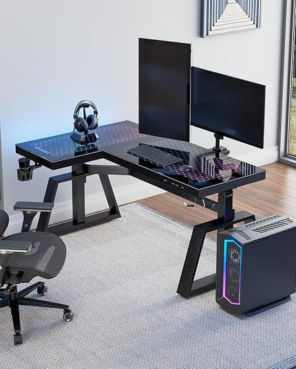 EUREKA ERGONOMIC Standing Desk, Gaming Table,Glass RGB, Height Adjustable Computer desks 60 Inch L Shaped Corner Music Studio Desk Workstation w Type-C Port,Cup Headset Holder,APP Control,Left