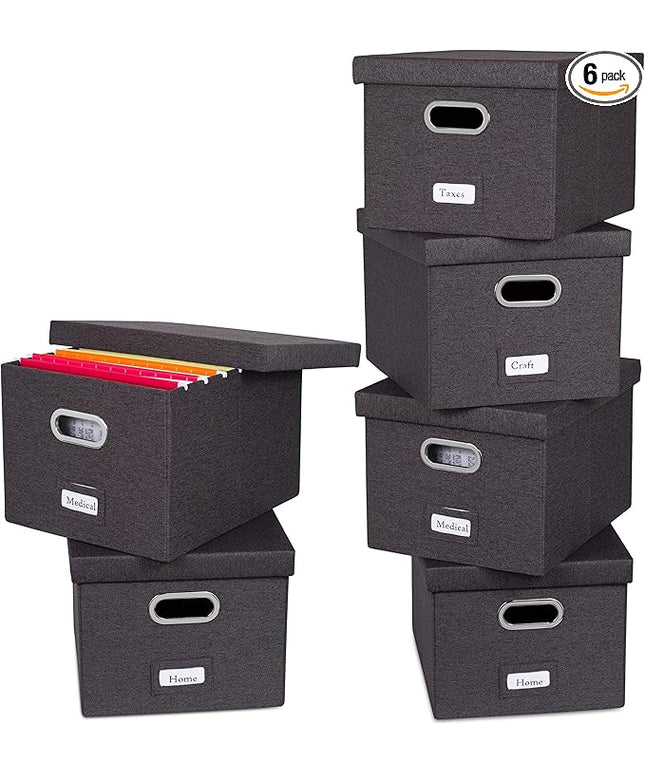 Internet's Best Collapsible File Storage Organizer with Lid - Decorative Linen Filing & Storage Office Box – Hanging Letter/Legal Folder – Home Office Bins Cabinet – Charcoal Container - 6 Pack