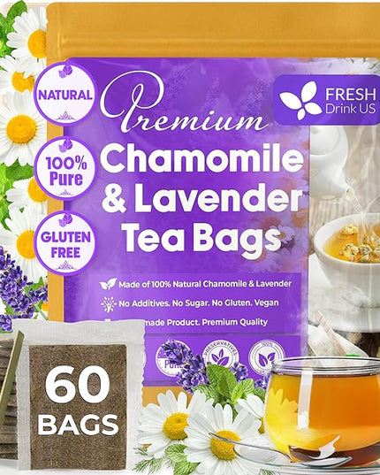 FreshDrinkUS, Premium 60 Chamomile Lavender Tea Bags, Calming Herbal Blend Strong Support for Relaxation & Better Sleep | Naturally Caffeine-Free Bedtime Tea with Soothing Floral Aroma, 100% Natural, Hand-made No Sugar/ Caffeine/ Gluten, Vegan