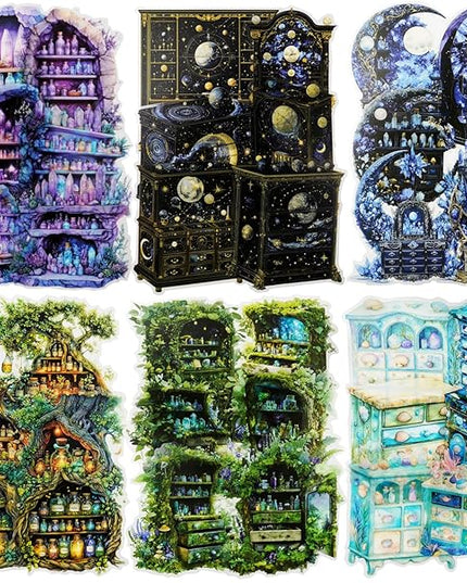 AuriicLeaf Magic Cabinet PET Stickers Set, 60PCS Fantasy Journal Stickers for Scrapbooking DIY Crafts Planner