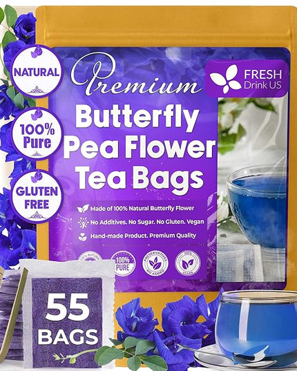 FreshDrinkUS, Premium 55 Tea Bags Blue Butterfly Pea Flowers, 100% Natural and Pure from Butterfly Pea Flowers, Made With Natural Material Tea Bag, No Sugar, No Caffeine, No Gluten, Vegan
