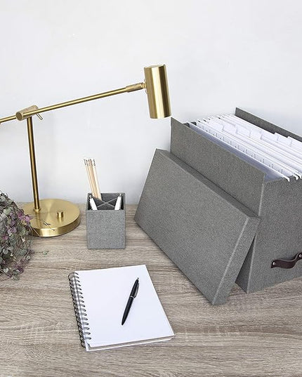 Bigso John Desktop File Box - Storage Solution and Document Organizer for Important Paperwork - Durable Hanging File Box with a Lid and Leather Handle - 7.36 in x 13.26 in x 10.51 in - Grey