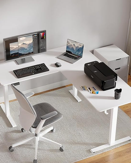 FEZIBO 63" x 55"L Shaped Standing Desk Adjustable Height, 63 Inch Electric Stand up Corner Computer Desk, Sit Stand Home Office Desk with Splice Board, White