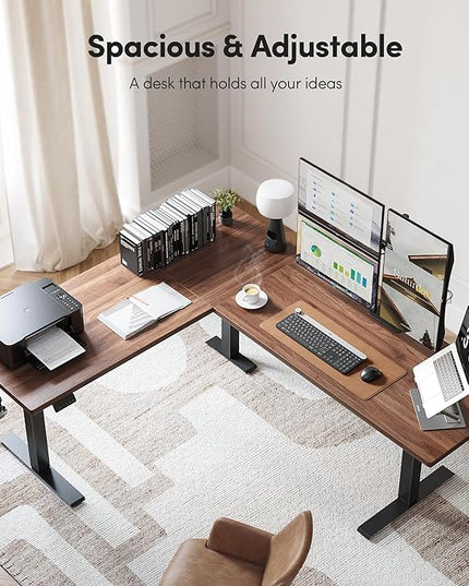 FEZIBO 63" x 55"L Shaped Standing Desk Adjustable Height, 63 Inch Electric Stand up Corner Computer Desk, Sit Stand Home Office Desk with Splice Board, Black Frame/Black Walnut Top