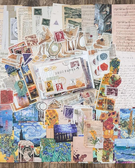Knaid Vintage Scrapbook Supplies Pack (200 Pieces) for Junk Journal Bullet Journals Planners Aesthetic Paper Stickers Craft Kits Cottagecore Collage Album (Artistic)