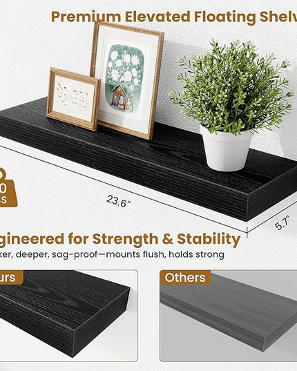 Fun Memories Floating Shelves Set of 2, 24 Inch Floating Shelves for Wall, Wood Wall Shelves with Invisible Brackets, for Bathroom, Bedroom, Living Room, Kitchen, Black