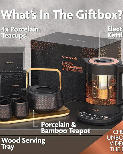 Vianté Luxury Tea Set. Electric Kettle with Infuser for Loose Leaf And Ceramic Serving Set. Teapot and Cup Set with Wooden Tray. Excellent Gift Idea For Tea Lovers.