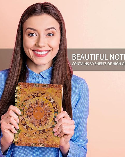 Knibeo Retro 70s Hippie Burning Sun Vintage Boho Floral Lined Hardcover Spiral Notebook Journal 5.5×8.3 Inch, College Ruled Notebook for Work Notes Journaling,Teen Girls Gifts