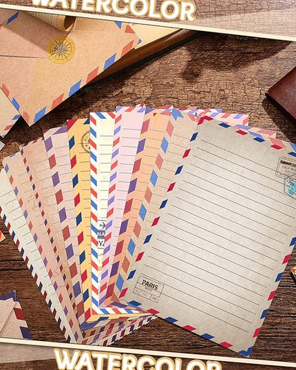 TaoBary 160 Pcs Stationery Paper Set 50 Double Sided Stationery Papers with 50 Matching Envelopes and 60 Round Dot Sticker, 10 Design(Vintage Airmail,5.5 x 8.25 Inch)