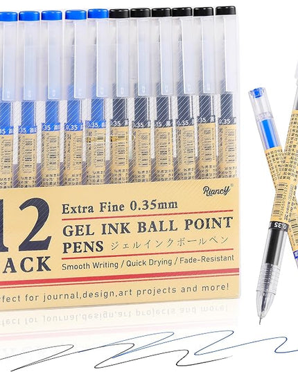 RIANCY 12 Pack Gel Ink Pens (6 Black + 6 Blue), 0.35mm Extra Fine Point Tip, Japanese Style Stationery Quick Dry No Smear No Bleed, Smooth Writing Pen for Journaling Note Taking Office School Supplies