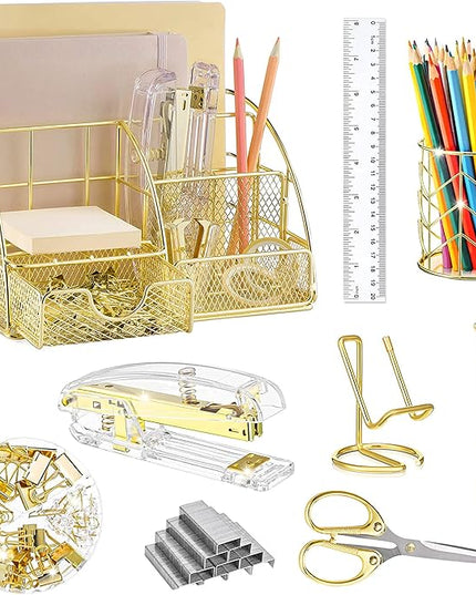 Gold Desk Organizers and Accessories Office Supplies Set Stapler, Pen Holder, Phone Holder, Scissors, Pen, Ruler, 30 Paper Clips, 22 Binder Clip, 20 Tacks and 1000pcs Staples (Gold)