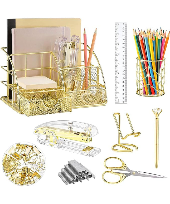 Gold Desk Organizers and Accessories Office Supplies Set Stapler, Pen Holder, Phone Holder, Scissors, Pen, Ruler, 30 Paper Clips, 22 Binder Clip, 20 Tacks and 1000pcs Staples (Gold)
