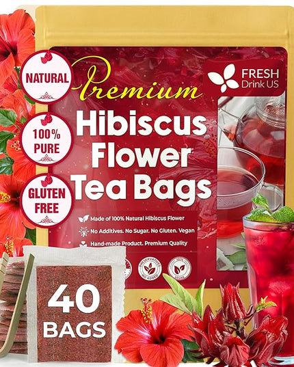 FreshDrinkUS, Premium 40 Hibiscus Flowers Tea Bags, 100% Natural, Pure from Hibiscus Flowers. Loose Flower Herbal Tea. No Sugar, No Caffeine, No Gluten, Vegan.