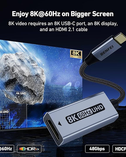 BENFEI USB C to HDMI 2.1 Adapter (8K@60Hz, 4K@240Hz, Aluminum Shell, Nylon Braided) Compatible with iPhone 15/16 Pro/Max, MacBook Pro/Air 2023, iPad Pro, Surface Book 2 More